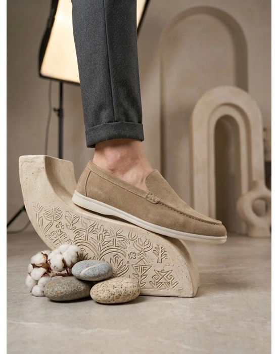 BA0252 %100 İçi Dışı Hakiki Deri Erkek Krem Süet Casual Loafer Termo Taban Ayakkabı
