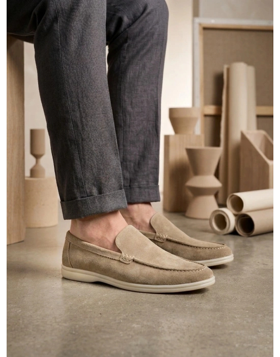 BA0252 %100 İçi Dışı Hakiki Deri Erkek Krem Süet Casual Loafer Termo Taban Ayakkabı