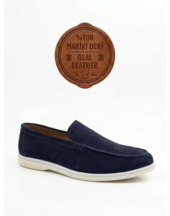 BA0252 %100 İçi Dışı Hakiki Deri Erkek Lacivert Süet Casual Loafer Termo Taban Ayakkabı