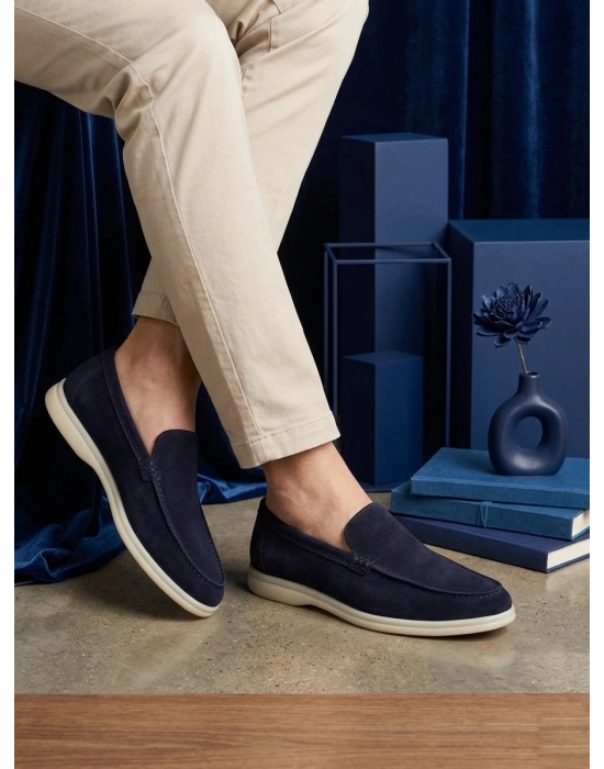BA0252 %100 İçi Dışı Hakiki Deri Erkek Lacivert Süet Casual Loafer Termo Taban Ayakkabı