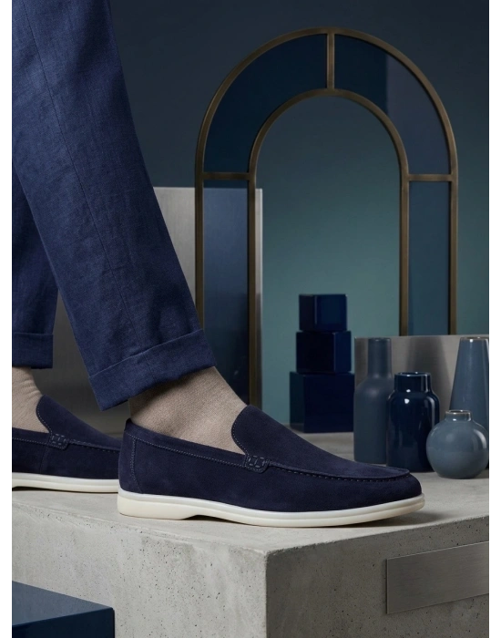BA0252 %100 İçi Dışı Hakiki Deri Erkek Lacivert Süet Casual Loafer Termo Taban Ayakkabı