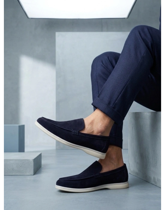 BA0252 %100 İçi Dışı Hakiki Deri Erkek Lacivert Süet Casual Loafer Termo Taban Ayakkabı