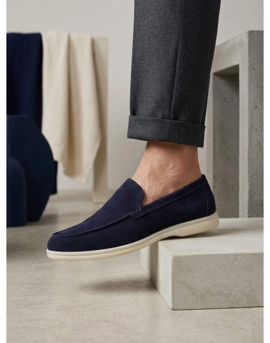 BA0252 %100 İçi Dışı Hakiki Deri Erkek Lacivert Süet Casual Loafer Termo Taban Ayakkabı