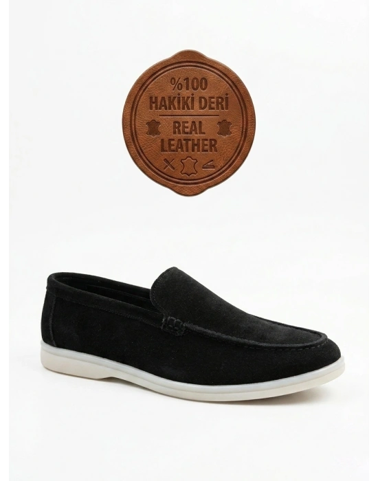 BA0252 %100 İçi Dışı Hakiki Deri Erkek Siyah Süet Casual Loafer Termo Taban Ayakkabı