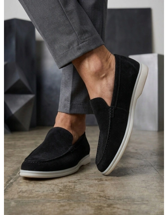 BA0252 %100 İçi Dışı Hakiki Deri Erkek Siyah Süet Casual Loafer Termo Taban Ayakkabı