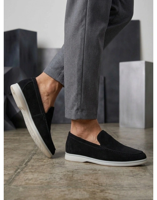 BA0252 %100 İçi Dışı Hakiki Deri Erkek Siyah Süet Casual Loafer Termo Taban Ayakkabı