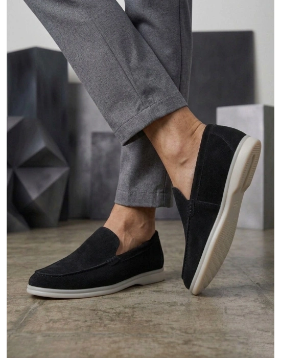 BA0252 %100 İçi Dışı Hakiki Deri Erkek Siyah Süet Casual Loafer Termo Taban Ayakkabı
