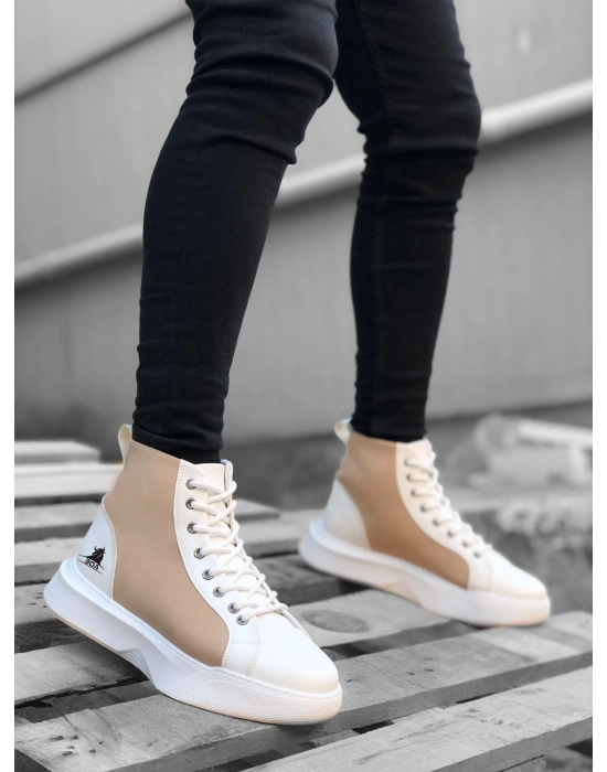 Ba0256 Bağcıklı Erkek Yüksek Taban Beyaz Krem Taban Spor Erkek Bot