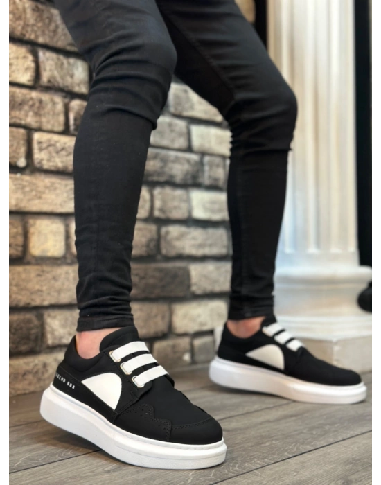 BA0302 Boa Kalın Taban Bağcıksız Tarz Casual Siyah Beyaz Erkek Ayakkabı