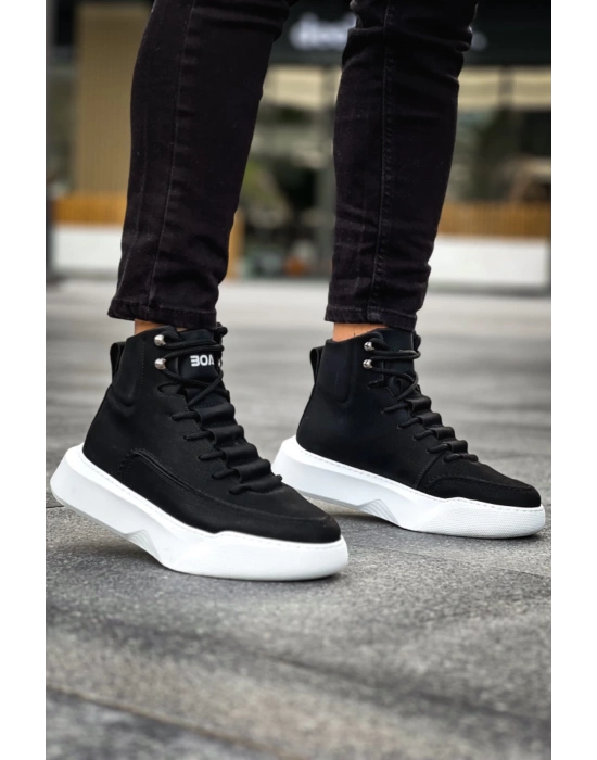 Ba0321 Gizli Bağcıklı Erkek Yüksek Taban Siyah Beyaz Spor Erkek Bot