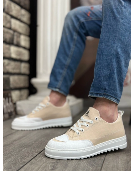 Ba0328 Boa Kalın Yüksek Taban Smile Desenli Krem Spor Erkek Ayakkabı Erkek Günlük Ayakkabı