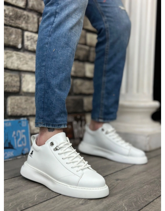 BA0331 Bağcıklı Erkek Yüksek Taban Beyaz Cilt  Spor Ayakkabı