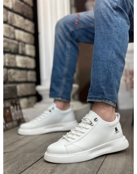 BA0331 Bağcıklı Erkek Yüksek Taban Beyaz Cilt  Spor Ayakkabı