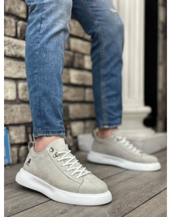 Ba0331 Bağcıklı Erkek Yüksek Taban Gri Süet Beyaz Taban Erkek Spor Ayakkabı