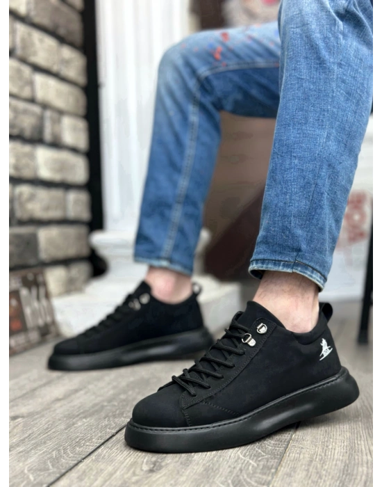 BA0331 Bağcıklı Erkek Yüksek Taban Siyah Cilt  Spor Ayakkabı