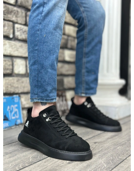 BA0331 Bağcıklı Erkek Yüksek Taban Siyah Süet Siyah Taban Spor Ayakkabı