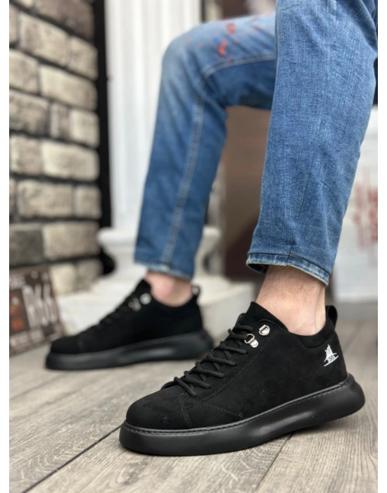 BA0331 Bağcıklı Erkek Yüksek Taban Siyah Süet Siyah Taban Spor Ayakkabı