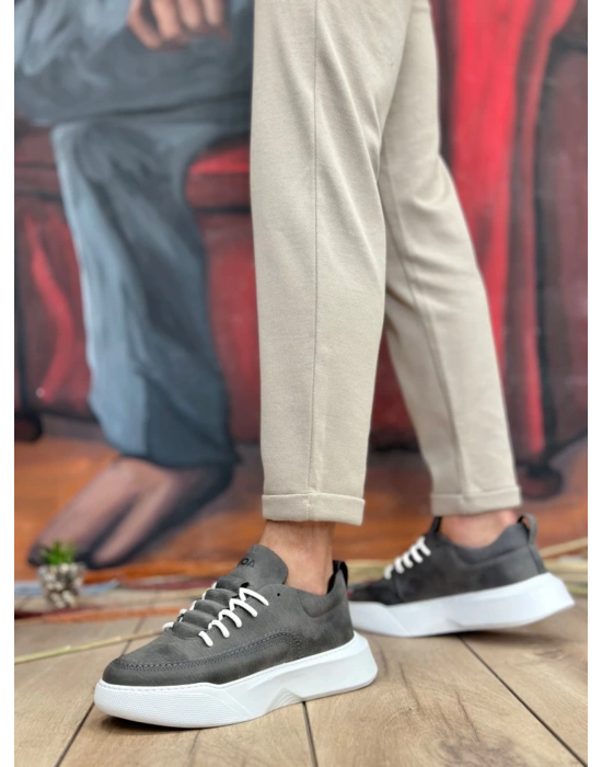 Ba0332 Merdiven Desen Bağcıklı Erkek Yüksek Taban Antrasit Cilt Erkek Spor Ayakkabı