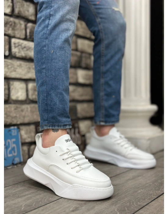 Ba0332 Merdiven Desen Bağcıklı Erkek Yüksek Taban Beyaz Cilt Erkek Spor Ayakkabı