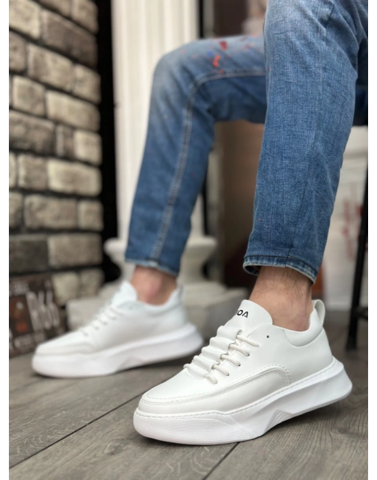 Ba0332 Merdiven Desen Bağcıklı Erkek Yüksek Taban Beyaz Cilt Erkek Spor Ayakkabı