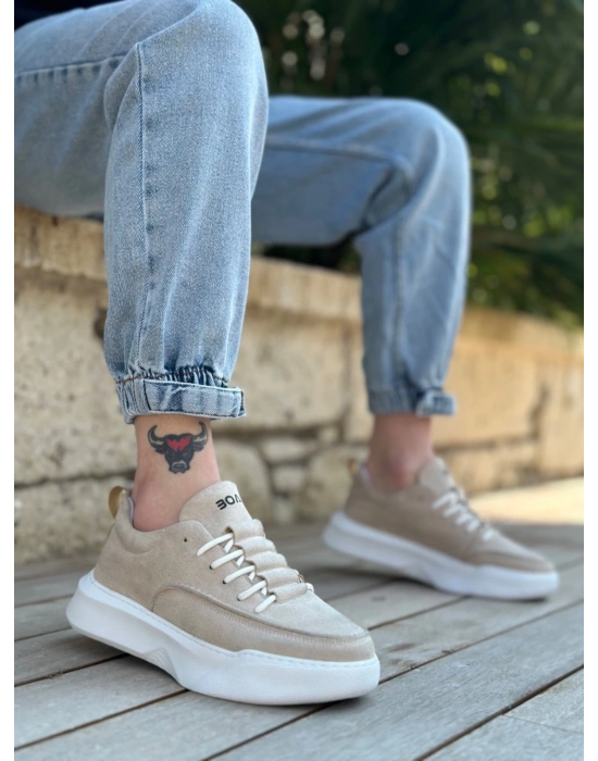 Ba0332 Merdiven Desen Bağcıklı Erkek Yüksek Taban Krem Süet Erkek Spor Ayakkabı