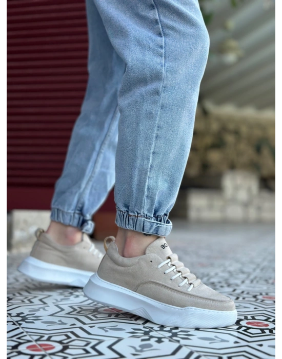 Ba0332 Merdiven Desen Bağcıklı Erkek Yüksek Taban Krem Süet Erkek Spor Ayakkabı