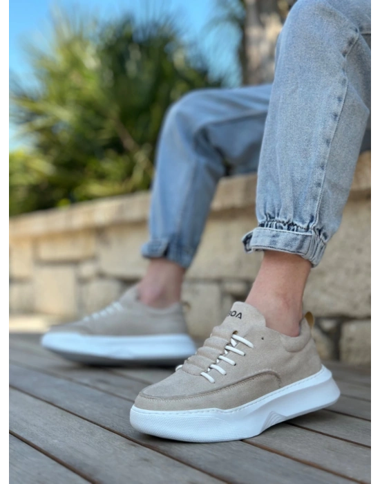 Ba0332 Merdiven Desen Bağcıklı Erkek Yüksek Taban Krem Süet Erkek Spor Ayakkabı