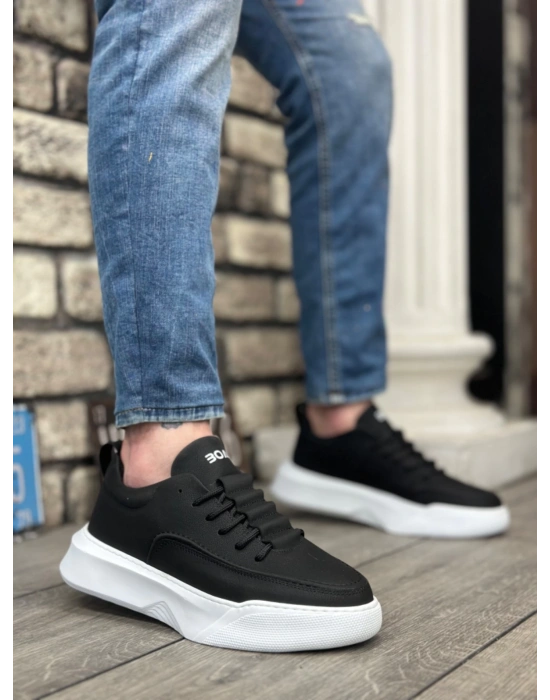 Ba0332 Merdiven Desen Bağcıklı Erkek Yüksek Taban Siyah Cilt Beyaz Taban Erkek Spor Ayakkabı