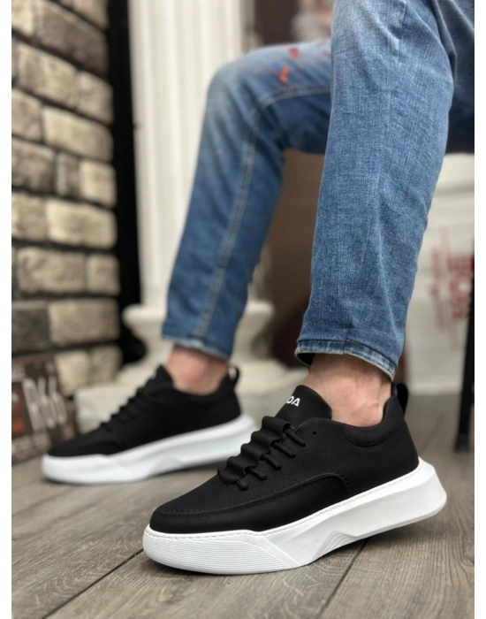 Ba0332 Merdiven Desen Bağcıklı Erkek Yüksek Taban Siyah Cilt Beyaz Taban Erkek Spor Ayakkabı