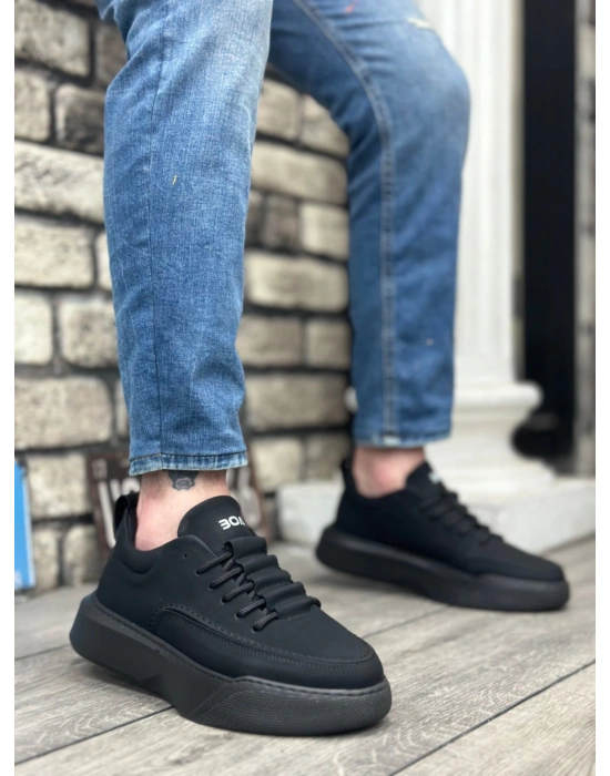 Ba0332 Merdiven Desen Bağcıklı Erkek Yüksek Taban Siyah Cilt Siyah Taban Erkek Spor Ayakkabı