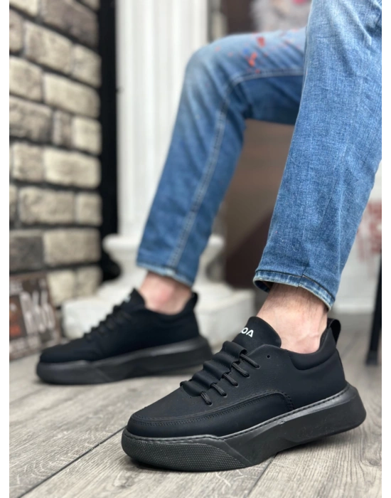 Ba0332 Merdiven Desen Bağcıklı Erkek Yüksek Taban Siyah Cilt Siyah Taban Erkek Spor Ayakkabı