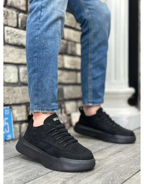 Ba0332 Merdiven Desen Bağcıklı Erkek Yüksek Taban Siyah Süet Siyah Taban Erkek Spor Ayakkabı