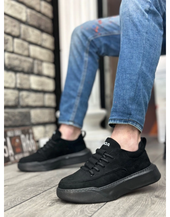 Ba0332 Merdiven Desen Bağcıklı Erkek Yüksek Taban Siyah Süet Siyah Taban Erkek Spor Ayakkabı