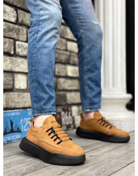 Ba0332 Merdiven Desen Bağcıklı Erkek Yüksek Taban Taba Süet Siyah Taban Erkek Spor Ayakkabı