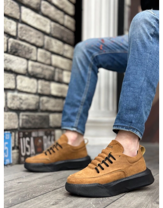 Ba0332 Merdiven Desen Bağcıklı Erkek Yüksek Taban Taba Süet Siyah Taban Erkek Spor Ayakkabı