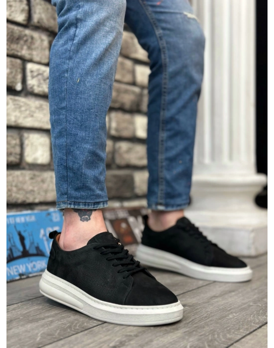 BA0336 İçi Dışı Hakiki Nubuk Deri Siyah Bağcıklı Casual Erkek Ayakkabı