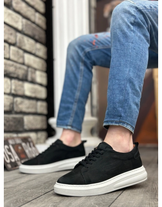 BA0336 İçi Dışı Hakiki Nubuk Deri Siyah Bağcıklı Casual Erkek Ayakkabı