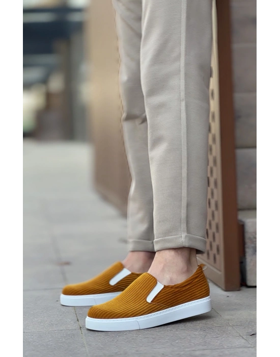 BA0339 Bağcıksız Kadife Hardal Beyaz Taban Günlük Erkek Ayakkabı
