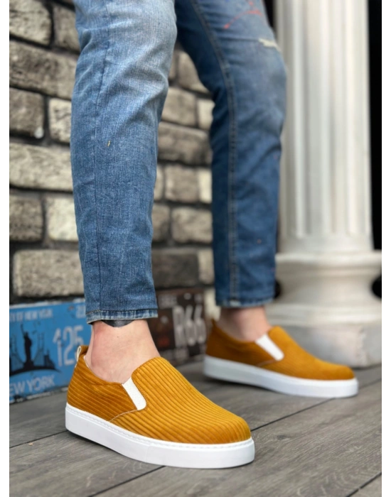 BA0339 Bağcıksız Kadife Hardal Beyaz Taban Günlük Erkek Ayakkabı