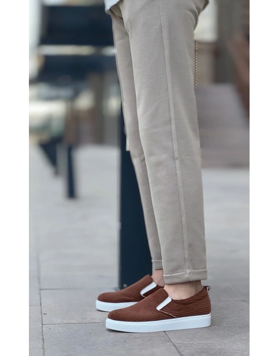 BA0339 Bağcıksız Kadife Kahverengi Beyaz Taban Günlük Erkek Ayakkabı