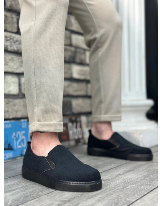 BA0339 Bağcıksız Kadife Siyah Siyah Taban Günlük Erkek Ayakkabı