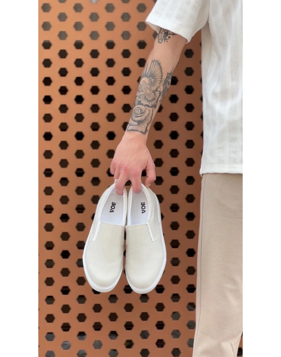 BA0339 Bağcıksız Keten Krem Beyaz Taban Günlük Erkek Ayakkabı