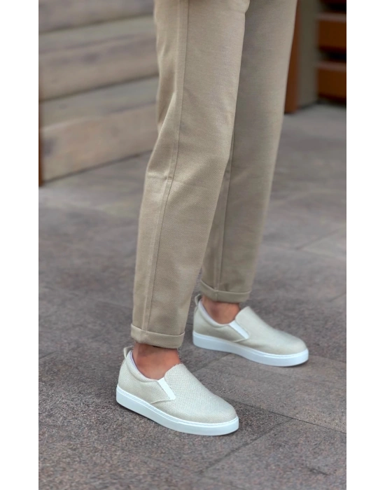 BA0339 Bağcıksız Keten Krem Beyaz Taban Günlük Erkek Ayakkabı