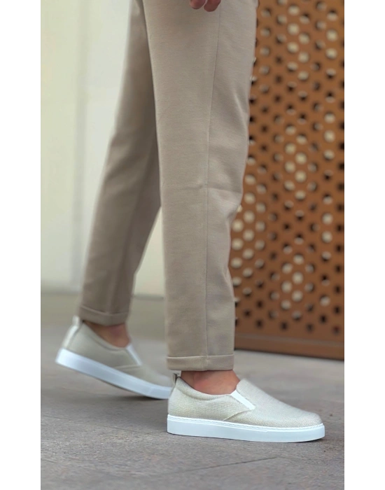 BA0339 Bağcıksız Keten Krem Beyaz Taban Günlük Erkek Ayakkabı