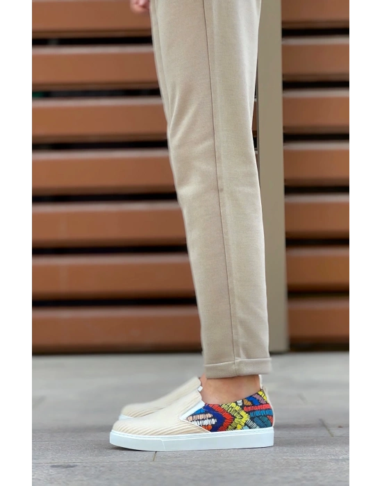 Ba0339 Bağcıksız Keten Krem Renkli Desenli Beyaz Taban Günlük Erkek Ayakkabı Erkek Günlük Ayakkabı