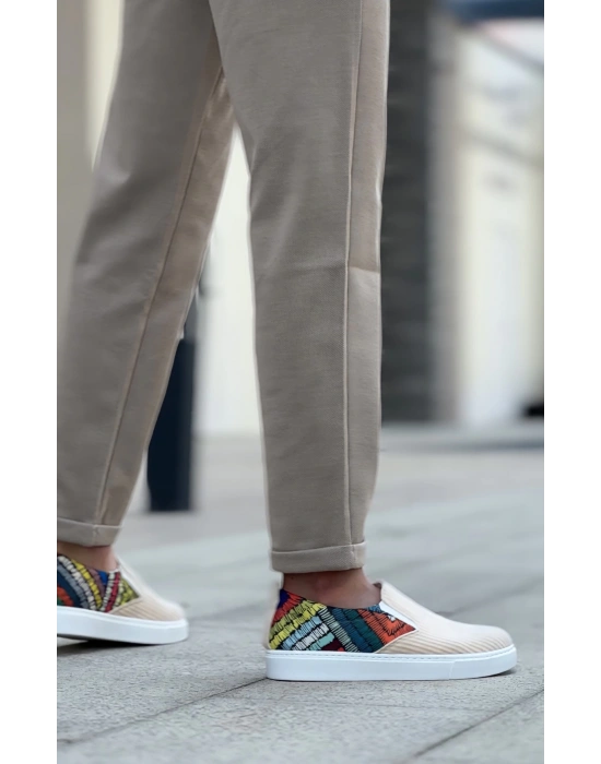 Ba0339 Bağcıksız Keten Krem Renkli Desenli Beyaz Taban Günlük Erkek Ayakkabı Erkek Günlük Ayakkabı