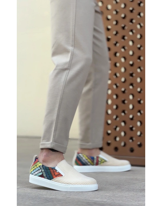 BA0339 Bağcıksız Keten Krem Renkli Desenli Beyaz Taban Günlük Erkek Ayakkabı