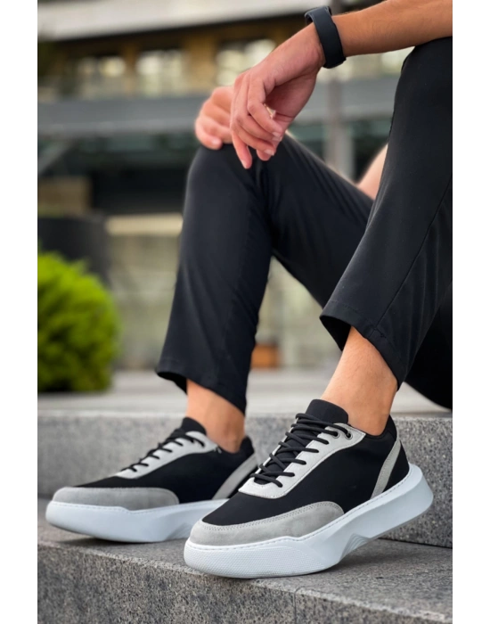 Ba0354 Günlük Bağcıklı Erkek Gri Parçalı Siyah Yüksek Taban Erkek Spor Ayakkabı