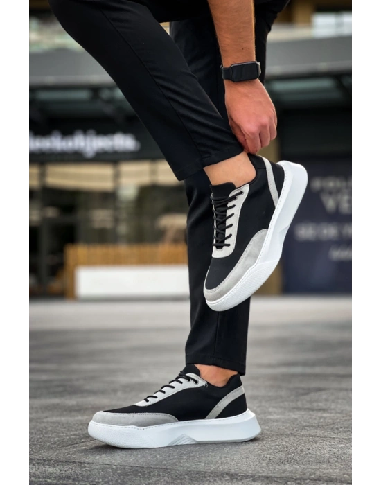 BA0354 Günlük Bağcıklı Erkek Gri Parçalı Siyah Yüksek  Taban Spor Ayakkabı