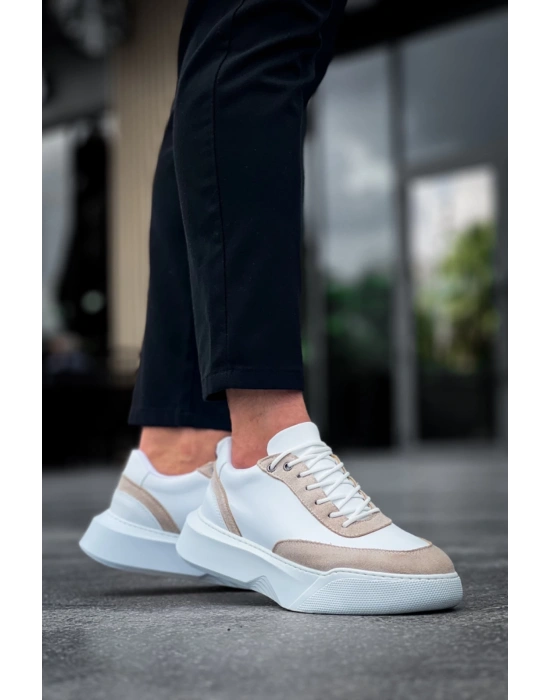 Ba0354 Günlük Bağcıklı Erkek Krem Parçalı Beyaz Yüksek Taban Erkek Spor Ayakkabı